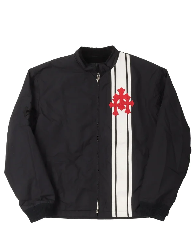 Relaxed Denim Faux Fur Lined Cemetery Cross Patch Racing Jacket