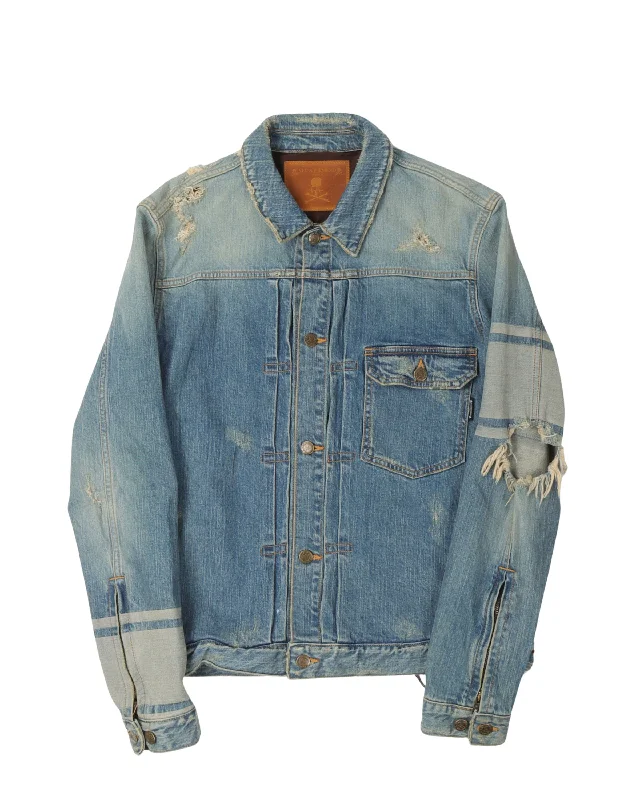 Sporty Wardrobe Distressed Jacquard Stripes Denim Jacket