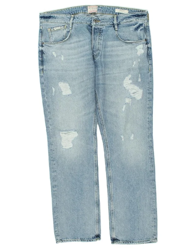 Timeless Style GUESS Mens Vermont Distressed Slim Straight Jeans W36 L32  Blue Cotton