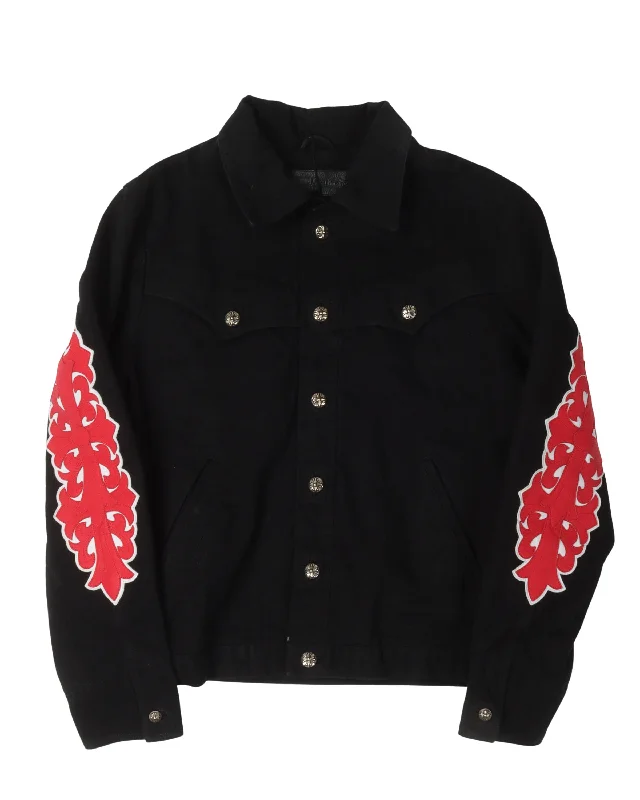 Comfortable Knitwear Floral Cross Patch Denim Trucker Jacket