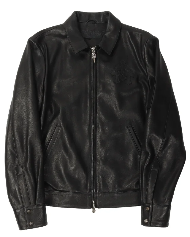 Casual Layers Cemetery Cross Patch Zip Up Leather Jacket