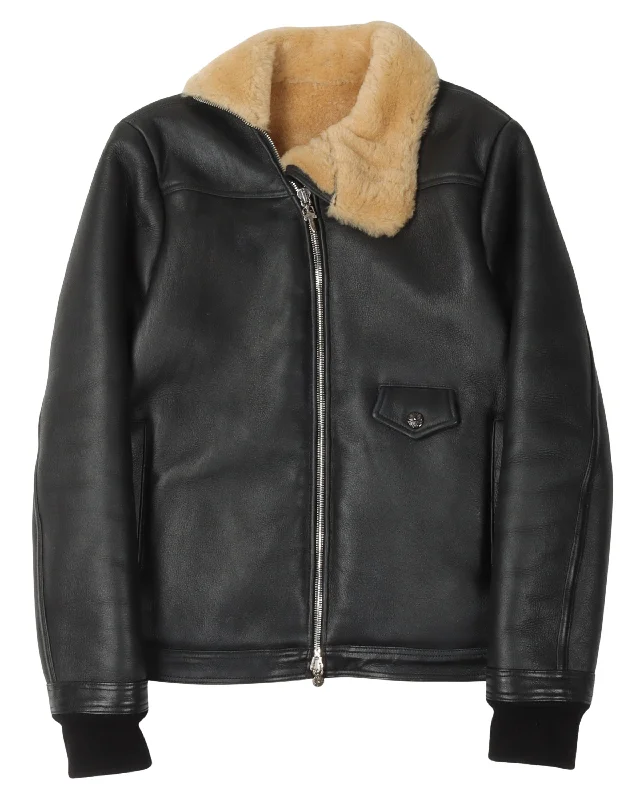 Versatile Knitwear Shearling Leather Bomber Jacket