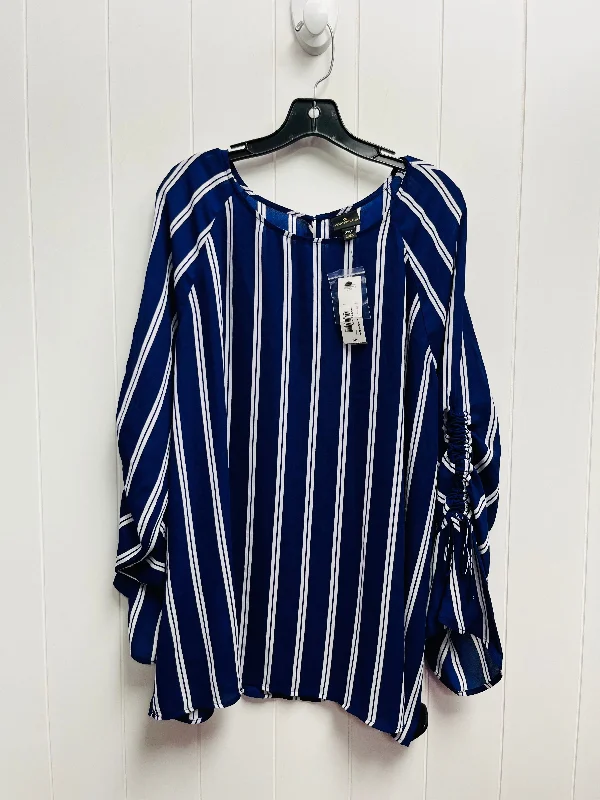 Everyday Comfort Top Long Sleeve By Worthington In Blue & White, Size: 2x