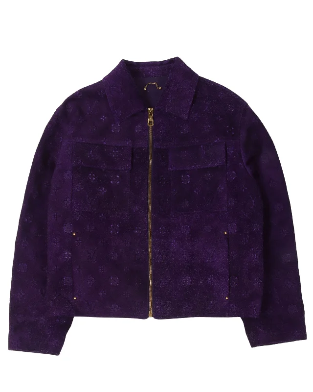 Casual Knitwear Suede Leather Embossed Monogram Jacket