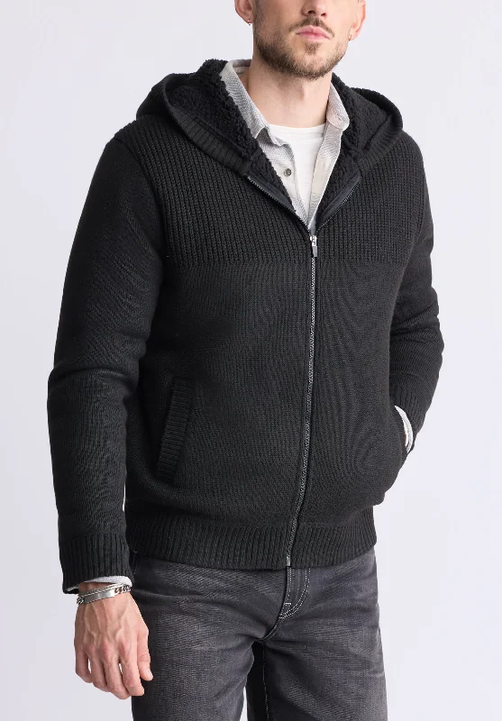 Sporty Essentials Walmick Men's Full-Zip Knit Hoodie with Sherpa Lining, Black - BM24477