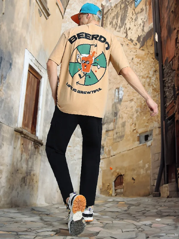 Flexible Styles BEERDO  Beige Oversized Back Puff Graphic Printed Tshirt
