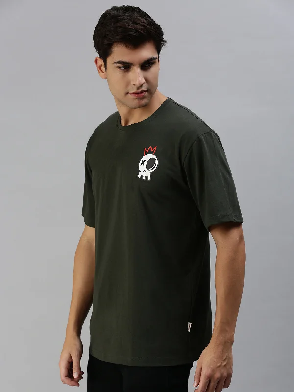 All-Season Outfits Skull Olive Oversized Pocket Graphic Printed Tshirt