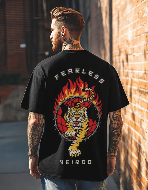 Relaxed Fits Fearless Black Oversized Back Graphic Printed Tshirt