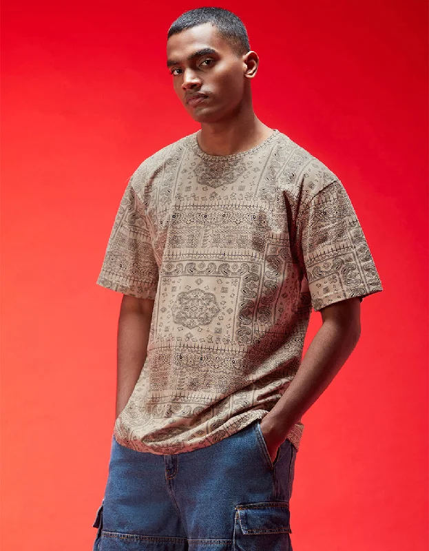 Street Casuals Paisley Beige Oversized All Over Printed Tshirt
