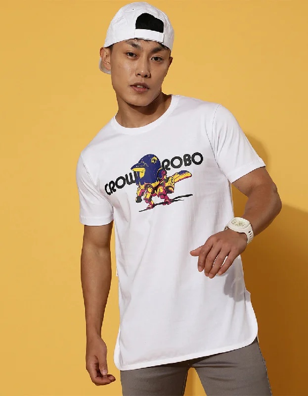 Relaxed Looks Crow Robo White High Low Regular Graphic Printed Tshirt