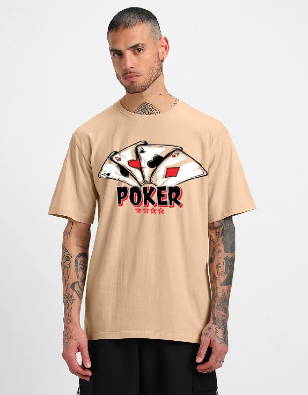 Premium Fit POKER Beige Oversized Front Graphic Printed Tshirt
