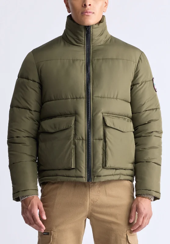 Flexible Wear Nate Men’s Zip-up Puffer Jacket with Large Front Pockets, Army green - OBMFE001