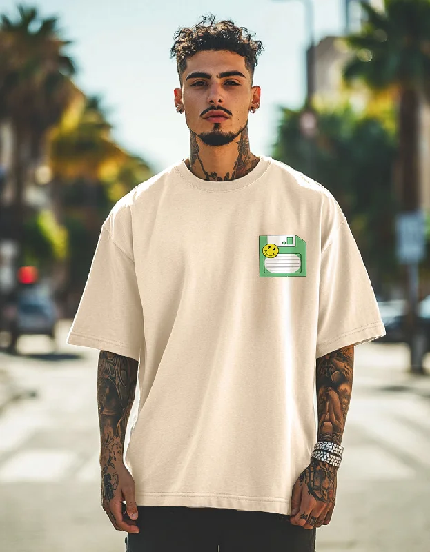 Comfy Outerwear Floppy Beige Oversized Pocket Graphic Printed Tshirt