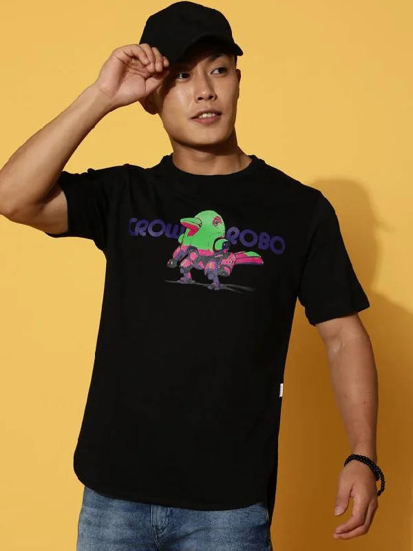 Smart Tops Crow Robo Black Regular Fit Chest Graphic Printed Tshirt