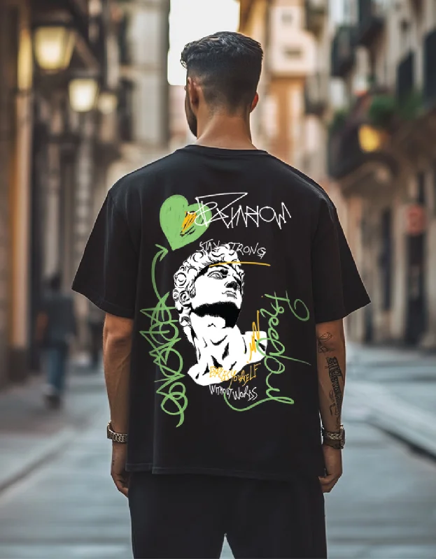 Casual Knitwear Stay Strong Black Oversized Back Graphic Printed Tshirt