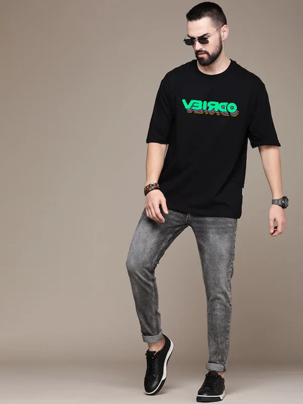 Comfy Hoodies VEIRDO Black Oversized Front Graphic Printed Tshirt
