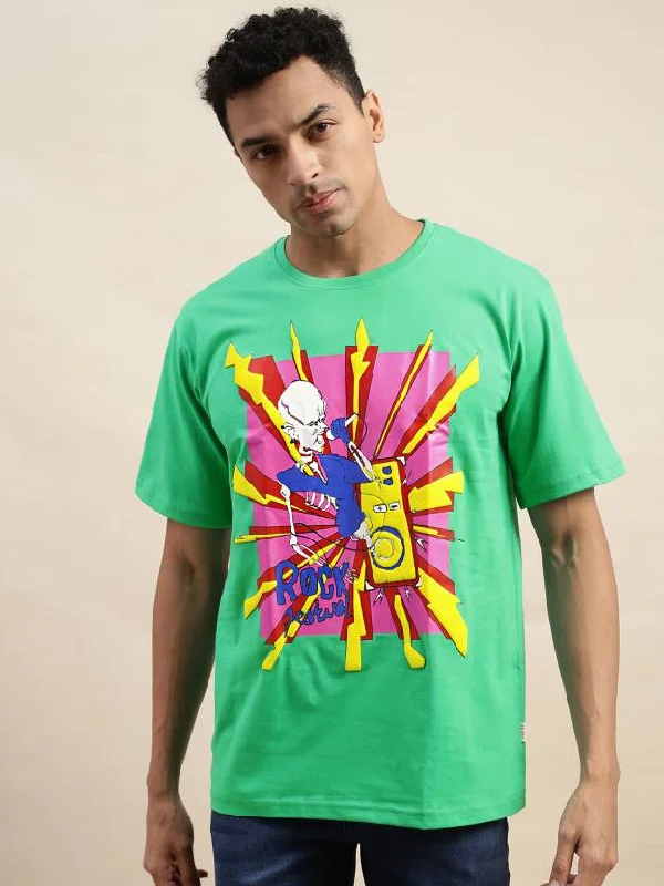 Smart Casual Wear Mint Green Punk Oversized Chest Graphic Printed Tshirt