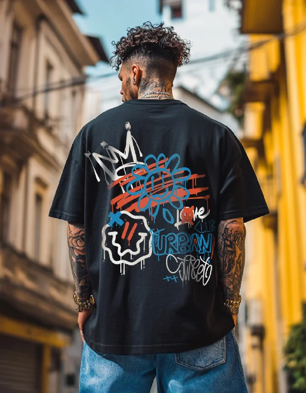 Everyday Comfort Wear URBANSTART Black Oversized Back Graphic Printed Tshirt