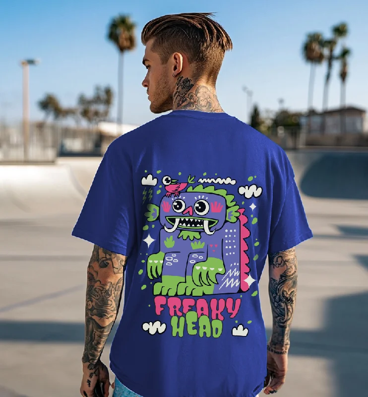 Basic Fashion Freaky Head Blue Oversized Back Graphic Printed Tshirt