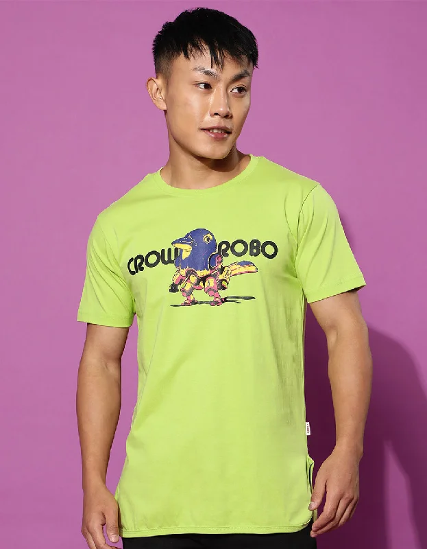 Street-Friendly Wear Crow Robo Green High Low Regular Chest Graphic Printed Tshirt