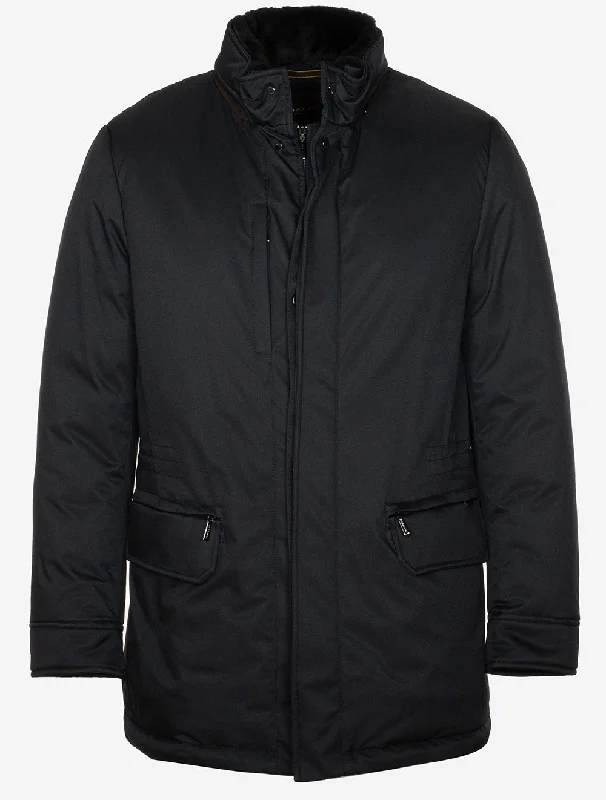 Casual Knitwear Fur Collar Car Coat Dark Blue