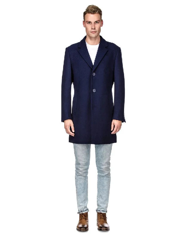 Laid-Back Wear Mens Modern 3 Button Wool Car Coat in Navy Blue