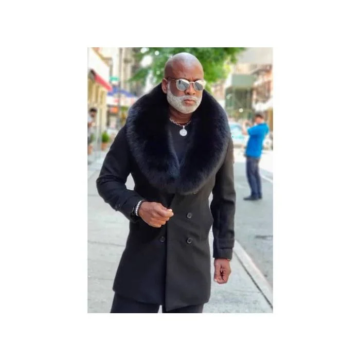 Classic Jackets Black Wool Mens Fur Collar Overcoat