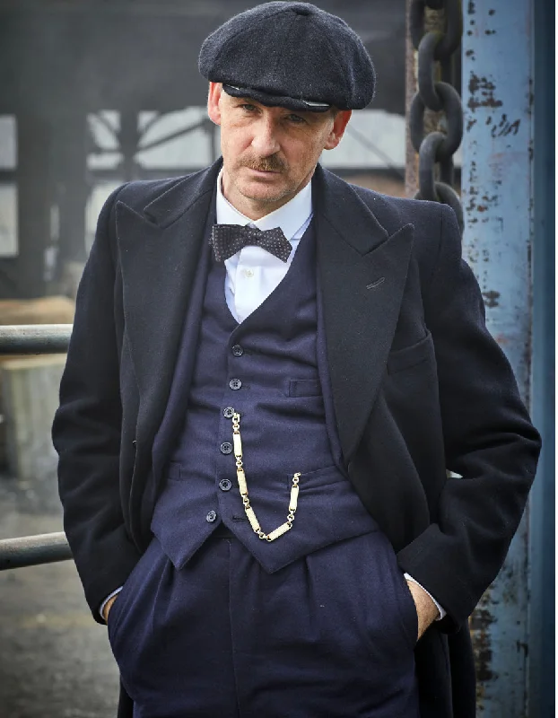 Soft Layers Mens Costume Arthur Shelby Vested Navy Suit with Black Overcoat & Hat