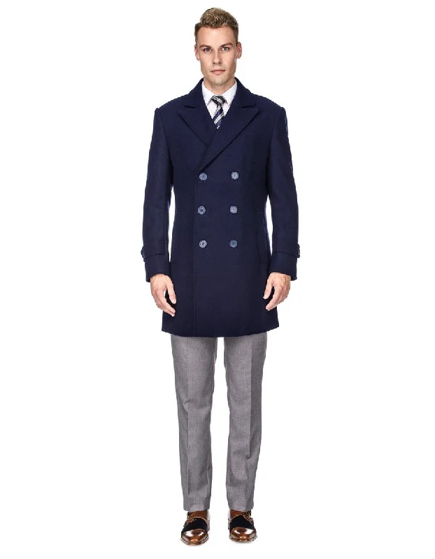 Comfy Sweaters Mens Modern Double Breasted Wool Pea Coat in Navy Blue