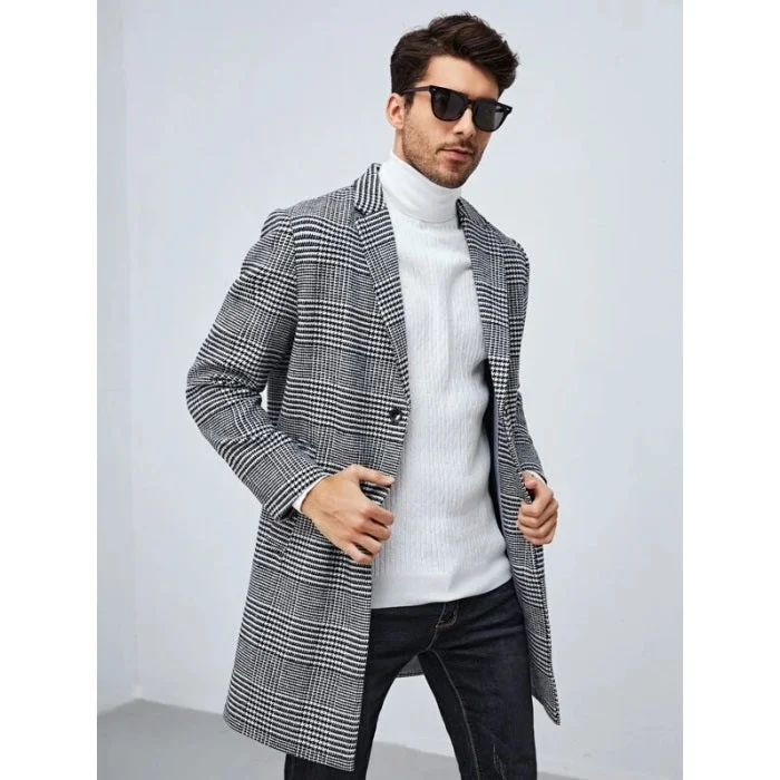 Simple Sweaters Men's Black and White Houndstooth Pattern Lapel Neck Overcoat