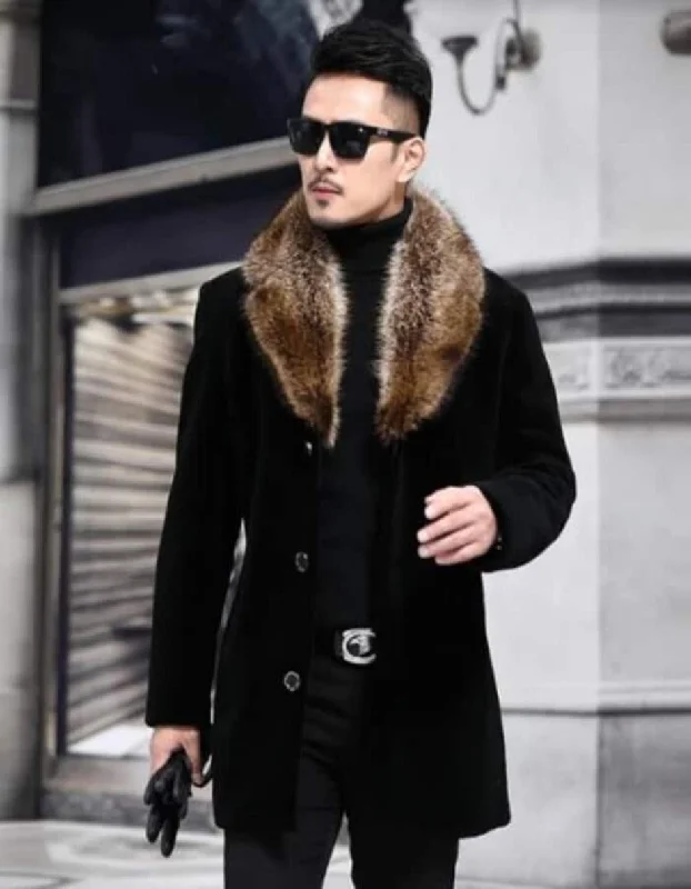 Simple Apparel Mens Overcoat - Topcoat For Men - Winter Fabric - Mens Black Overcoat With Fur Collar For Sale Simple Apparel Mens Overcoat - Topcoat For Men - Winter Fabric - Mens Black Overcoat With Fur Collar For Sale