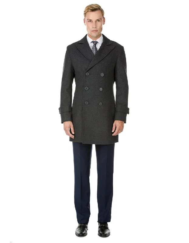 Functional Wear Mens Modern Double Breasted Wool Pea Coat in Charcoal Grey