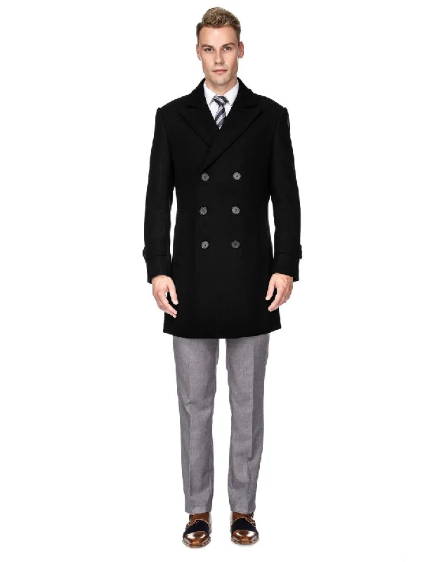 Sporty Trends Mens Modern Double Breasted Wool Pea Coat in Black