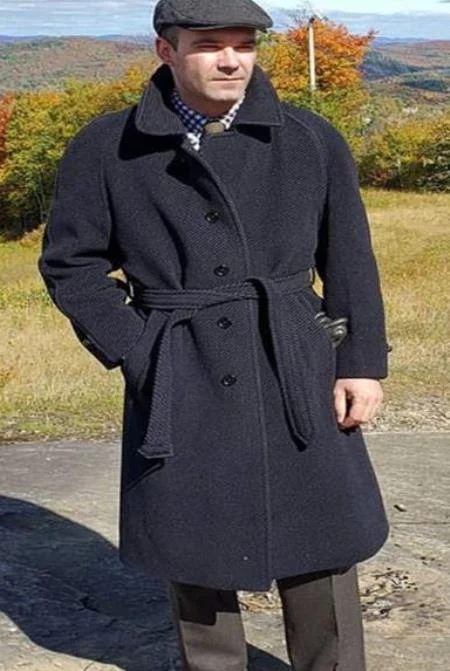 Trendy Pants Full Length Belted Style Mens Raglan Overcoat - Wool Fabric Belted Charcoal Grey Coat