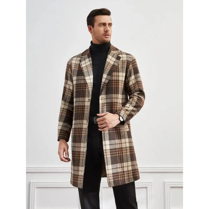 Cool Tops Men's Multicolor Plaid Lapel Neck Slant Pockets Overcoat