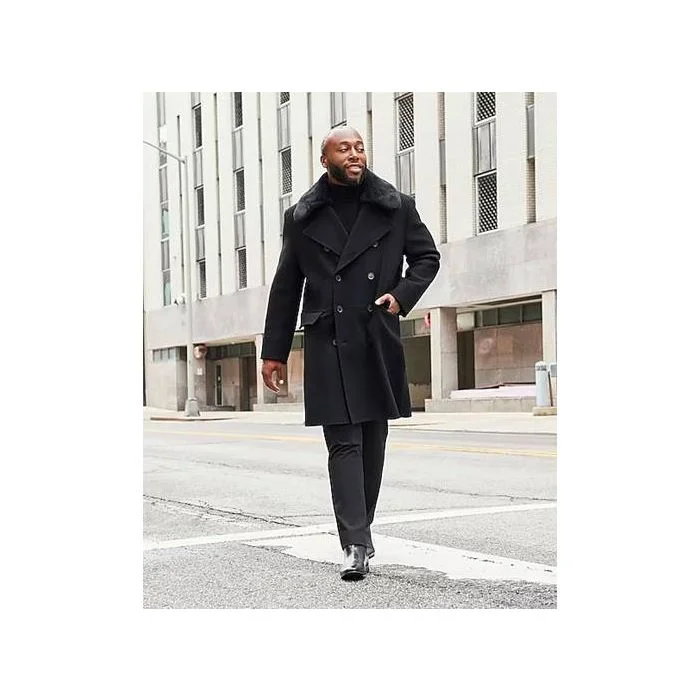 Comfortable Shirts Black Men's Wool Fur Collar Overcoat