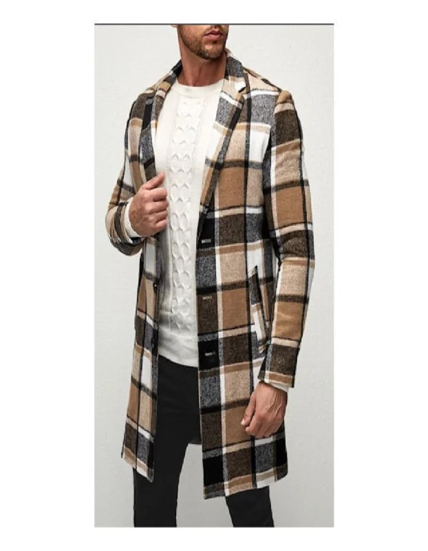 Smart Outerwear Mens Plaid Overcoat - Camel Wool Peacoat