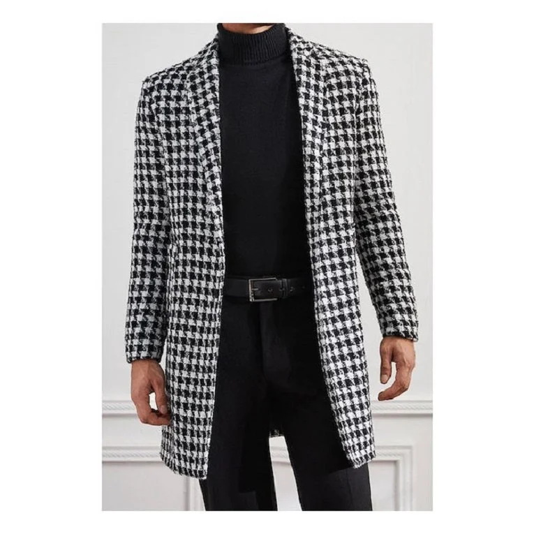 Comfortable Tops Mens Plaid Overcoat - Black and White Wool Peacoat