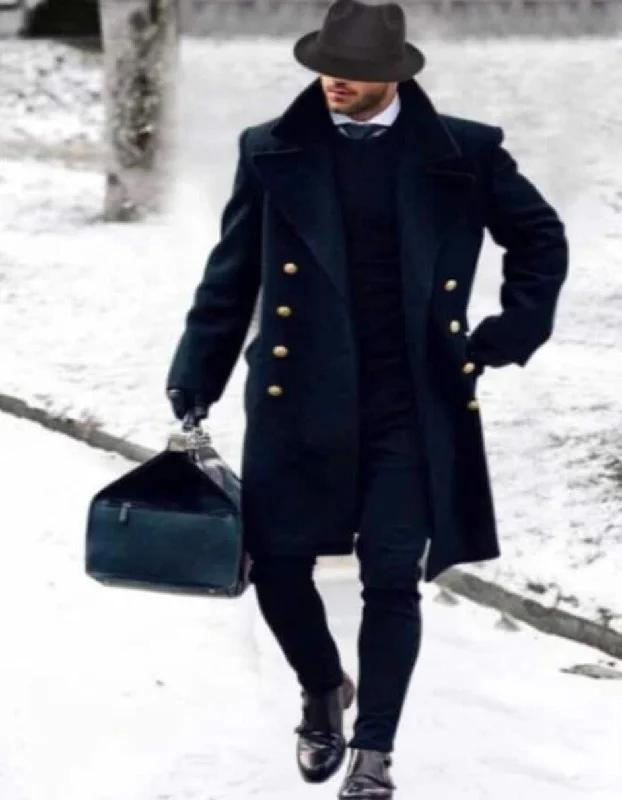 Urban Wear Mens Overcoat - Topcoat For Men - Winter Fabric - Black Double Breasted Overcoat With Gold Buttons in Wool Topcoat - Carcoat Urban Wear Mens Overcoat - Topcoat For Men - Winter Fabric - Black Double Breasted Overcoat With Gold Buttons in Wool Topcoat - Carcoat