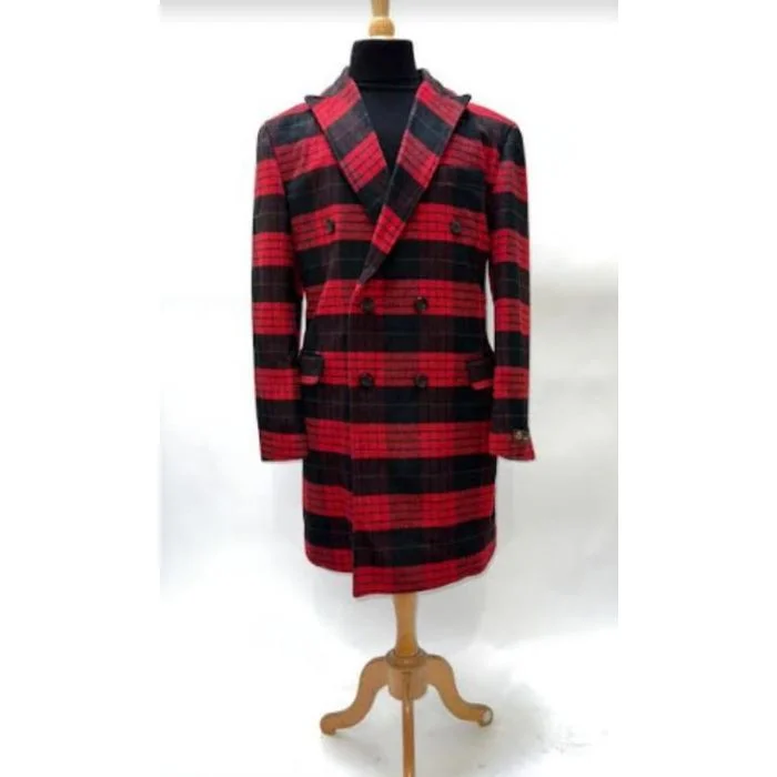 Comfortable Sweatshirts Red and Black Mens Plaid Overcoat - Plaid Topcoats