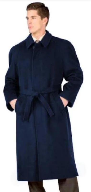 Comfortable T-shirts Full Length Belted Style Mens Raglan Overcoat - Wool Fabric Belted Four Button Navy Blue Coat