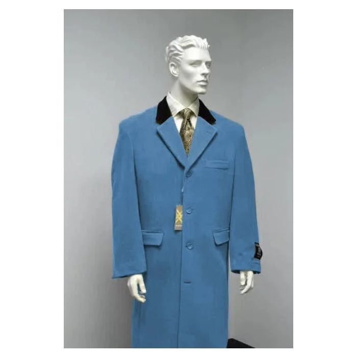 Casual Hoodies Light Blue Overcoat - Sky Blue Wool Overcoat - Three Quarter Length