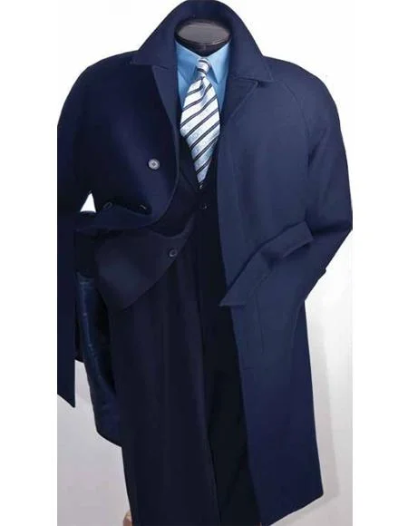 Sporty Tees Full Length Belted Style Mens Raglan Overcoat - Wool Fabric Belted Navy Blue Single Breasted Coat