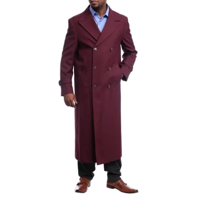 Casual Layers Men's Full Length Overcoat Burgundy Wool Double Breasted Trench Coat