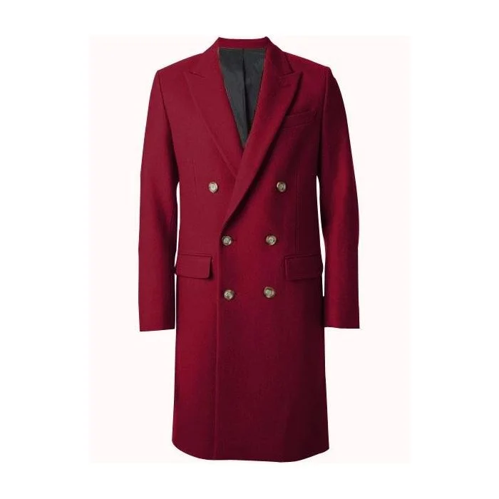 Smart Jackets Mens Overcoat Double Breasted Top Coat ~ Wide Peak Lapel six buttons Burgundy Coat