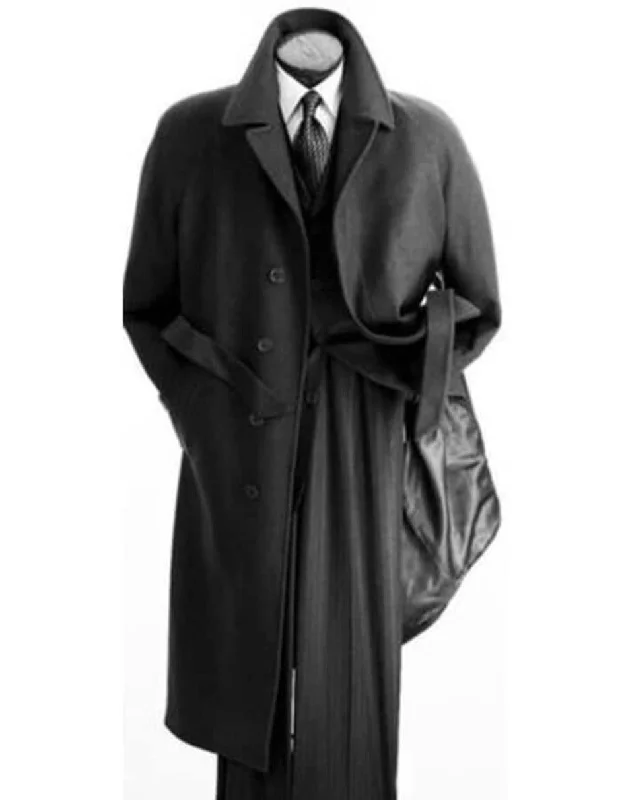 Comfortable Bottoms Mens Overcoat - Topcoat For Men - Winter Fabric - Mens Charcoal Grey Belted Full Length Wool Overcoat