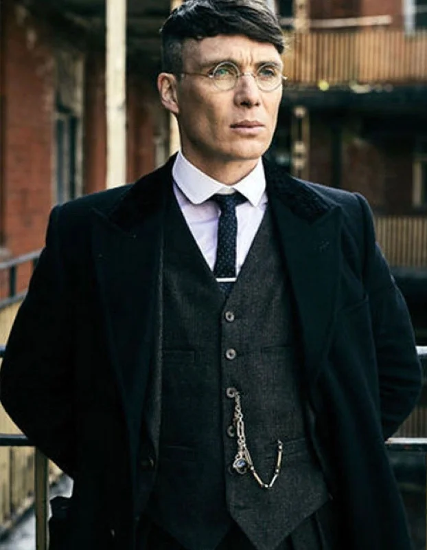 Trendy Apparel Mens Costume Thomas Shelby Black Vested Suit & Black Overcoat