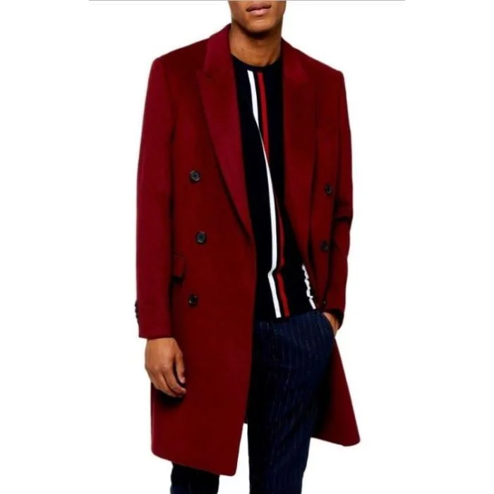 Fashionable Pants Mens Burgundy Wine Maroon Double Breasted Overcoats