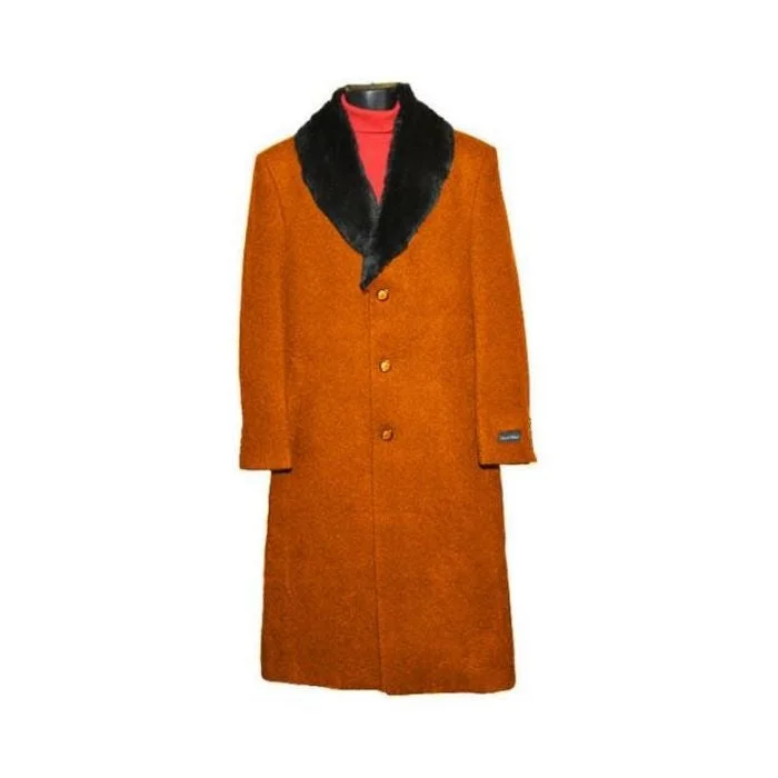 Casual Pants Men's Fur Collar Rust 3 Button Single Breasted Wool Full Length Overcoat