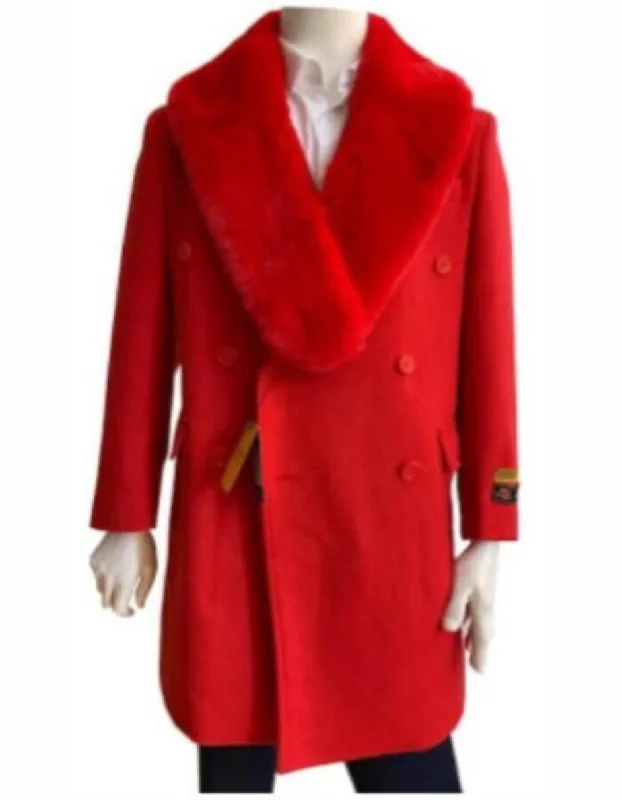 Classic Pieces Mens Overcoat - Topcoat For Men - Winter Fabric - Red Mens Overcoat - Double Breasted Peacoat With Fur Collar Classic Pieces Mens Overcoat - Topcoat For Men - Winter Fabric - Red Mens Overcoat - Double Breasted Peacoat With Fur Collar